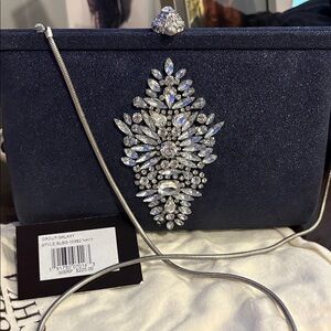 New Badgley Mischa Elegant Navy Evening Clutch with Crystal Embellishments.